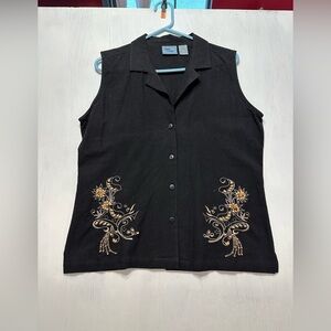 Jane Ashley Black Top Large Sleeveless Button Front Floral Embroidery Cotton
